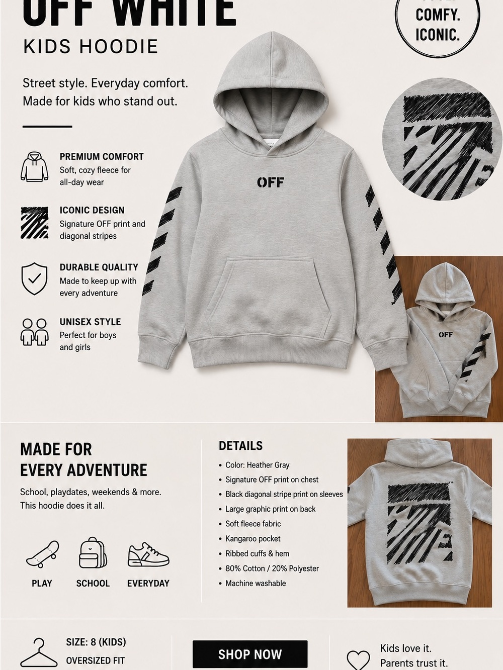 Off-White Kids Heather Gray Hoodie with Black Diagonal Stripes